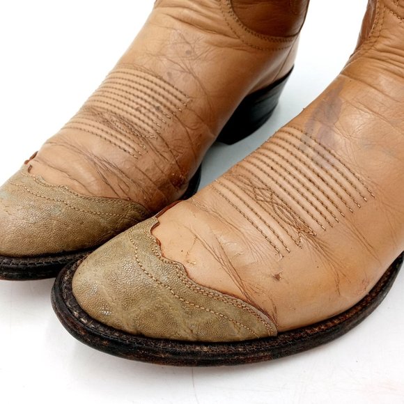 Vintage Tony Lama Cowboy Boots Tan Leather Mens 8 A Extra Narrow Western main image 5